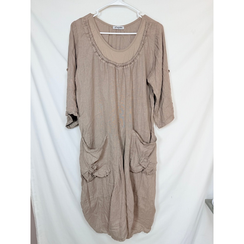Bohabille Draped Asymmetrical Linen Lagenlook Midi Dress XL Beige Made in Italy